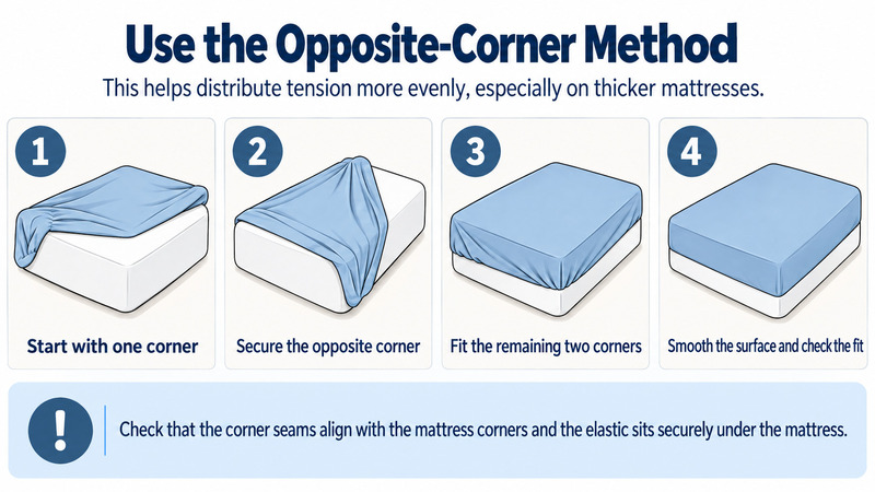 Opposite-corner method for fitting a fitted sheet