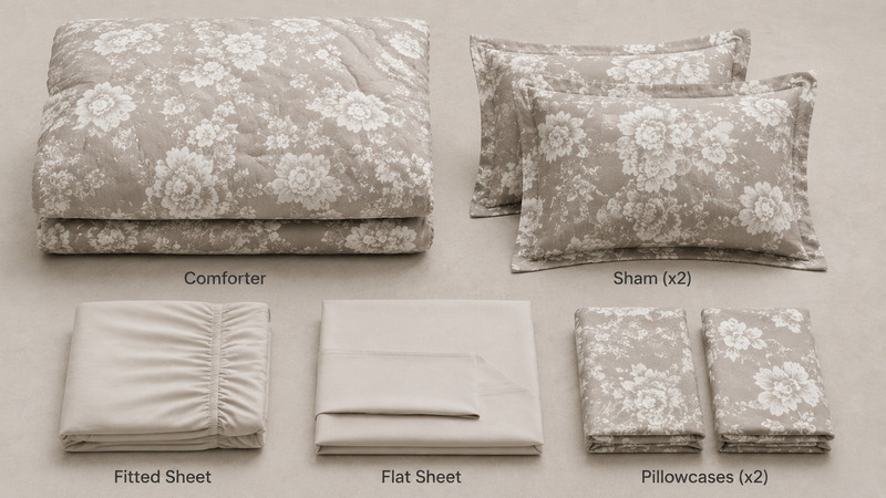Comforter, shams, fitted sheet, flat sheet, and pillowcases arranged for a bed-in-a-bag program