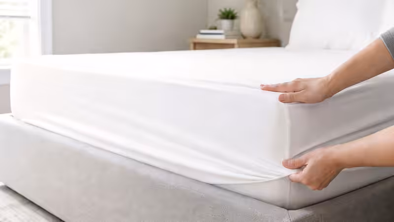 White deep pocket fitted sheet on a thick mattress