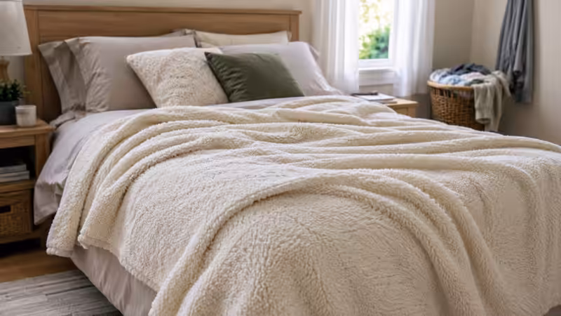 Cream sherpa blanket on bed before washing