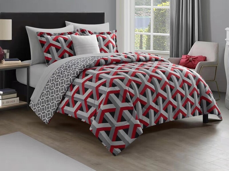 Red & Grey Geometric Interlock 5-Piece Comforter Set