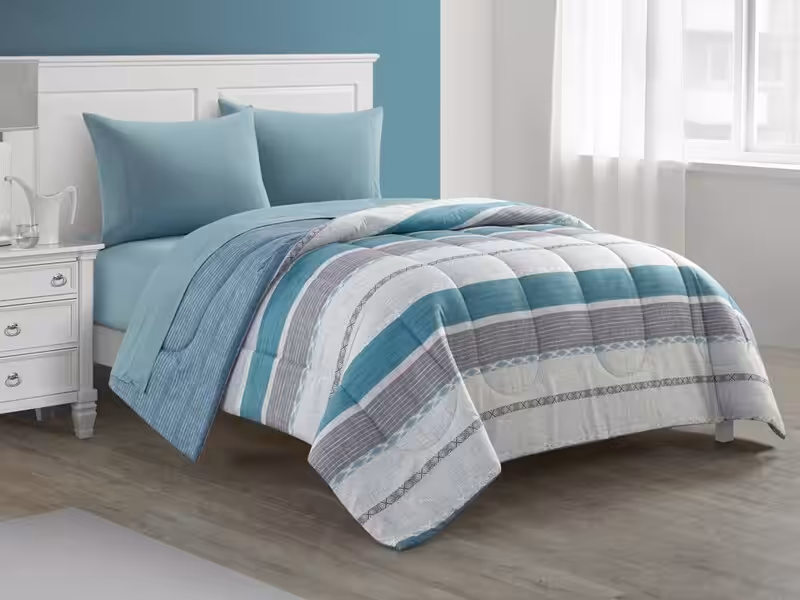 Teal & GreyStriped Bedding Set